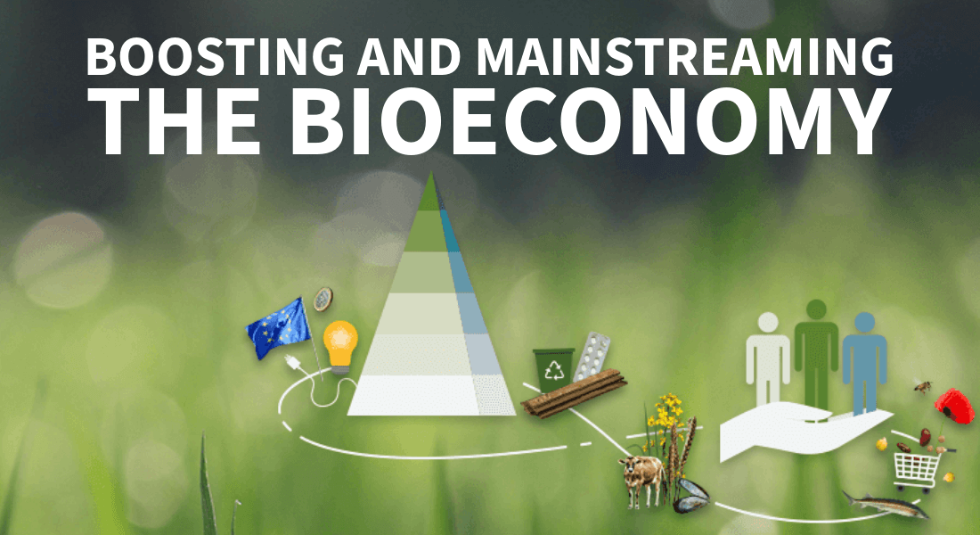 Green background with images representing bioeconomy 